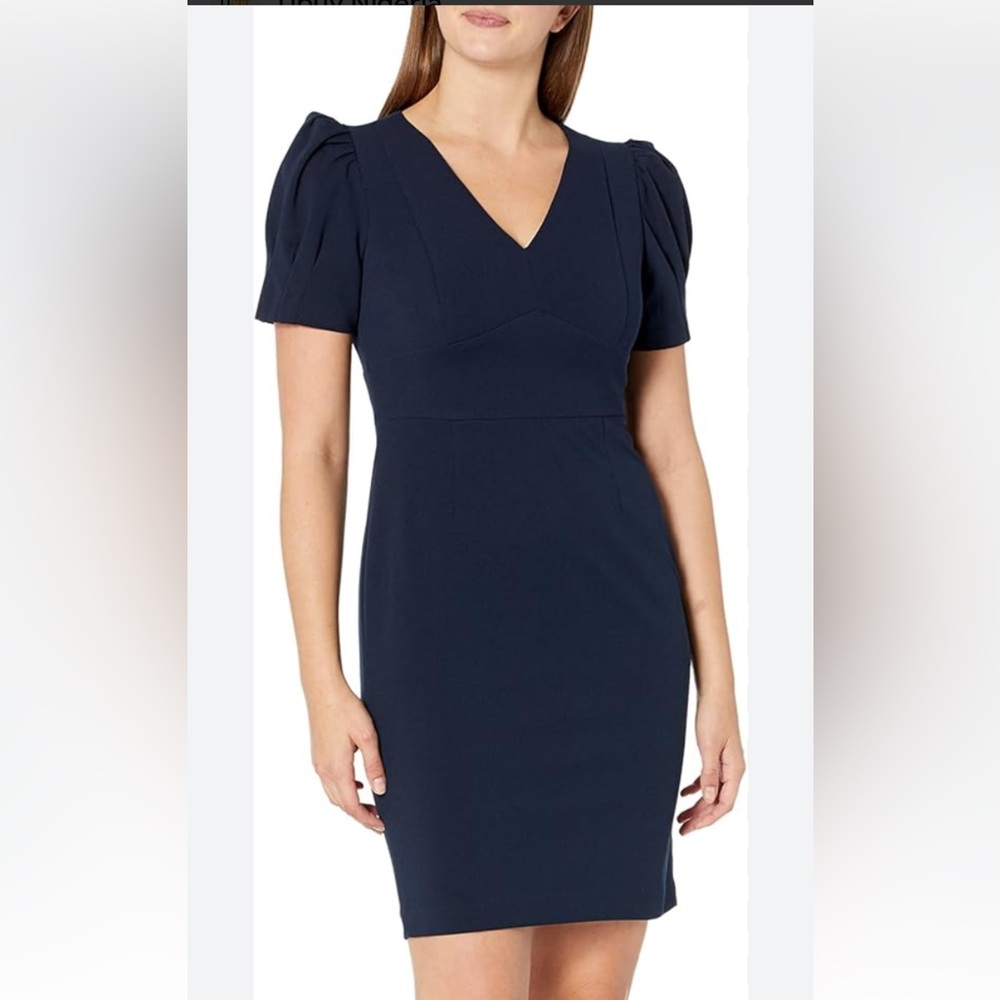 Dkny Navy V-Neck Puff-Sleeve Sheath Dress